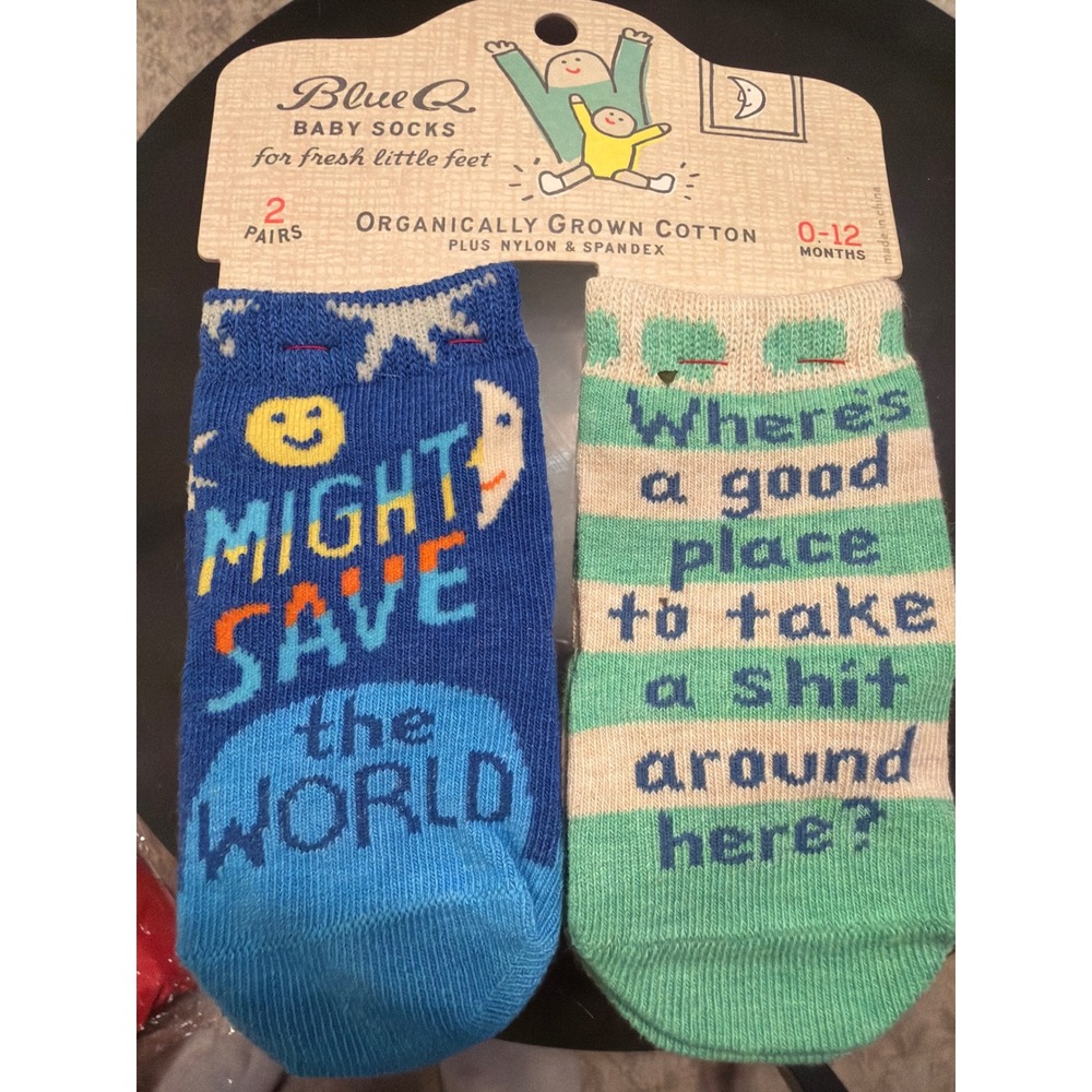 Blue Q Baby Socks 2 Pair Set Save World Funny Organic Cotton 0-12 Months
